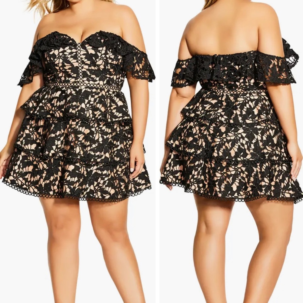 City Chic Plus Size Black Lace Angel Gem Off Shoulder Cocktail Dress 2x 3x 16 18